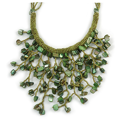 Green/ Olive Shell Nugget, Glass Bead Fringe Necklace - 42cm L/ 11cm Front Drop