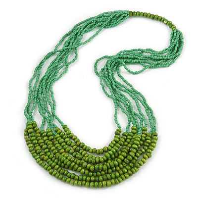 Statement Green Wood and Glass Bead Multistrand Necklace - 76cm L