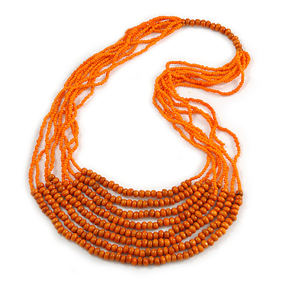 Statement Orange Wood and Glass Bead Multistrand Necklace - 78cm L
