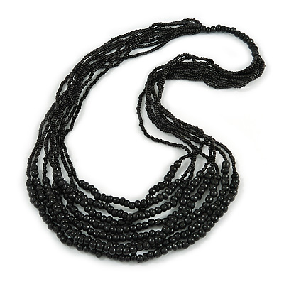 Statement Black Wood and Glass Bead Multistrand Necklace - 76cm L