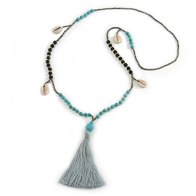 Trendy Turquoise, Sea Shell, Faux Tree Seed, Hematite Glass Bead Light Grey Cotton Tassel Long Necklace - 90cm L/ 12cm Tassel