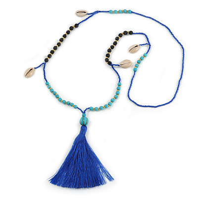 Trendy Turquoise, Sea Shell, Faux Tree Seed, Glass Bead Blue Cotton Tassel Long Necklace - 90cm L/ 12cm Tassel