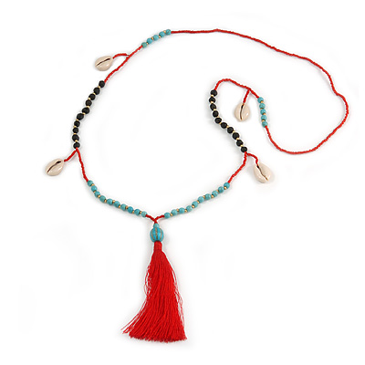 Trendy Turquoise, Sea Shell, Faux Tree Seed, Glass Bead Red Cotton Tassel Long Necklace - 90cm L/ 12cm Tassel