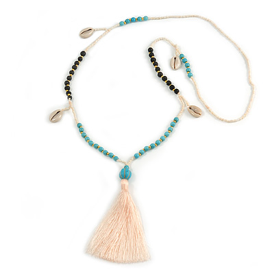Trendy Turquoise, Sea Shell, Faux Tree Seed, White Glass Bead Cream Cotton Tassel Long Necklace - 90cm L/ 12cm Tassel