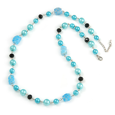 Light Blue Pearl, Black Glass and Ceramic Beaded Necklace - 72cm L/ 4cm Ext