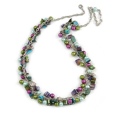 Statement Glass, Nugget Silver Tone Chain Necklace in (Multicoloured) - 60cm L/ 8cm Ext