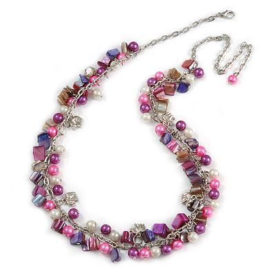 Statement Glass, Nugget Silver Tone Chain Necklace in (Pink, Purple, Cream) - 60cm L/ 8cm Ext