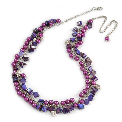 Statement Purple Glass, Violet Nugget Silver Tone Chain Necklace - 60cm L/ 8cm Ext