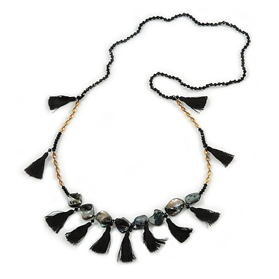 Statement Long Sea Shell, Crystal and Acrylic Bead with Multi Cotton Tassel Necklace (Black/ Gold) - 96cm L