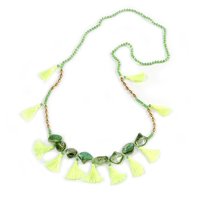 Statement Long Sea Shell, Crystal and Acrylic Bead with Multi Cotton Tassel Necklace (Green/ Neon Green/ Gold) - 96cm L