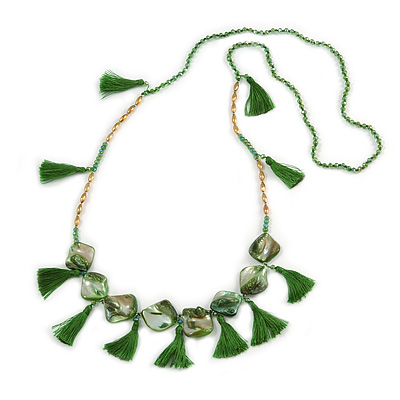 Statement Long Sea Shell, Crystal and Acrylic Bead with Multi Cotton Tassel Necklace (Green/ Gold) - 96cm L