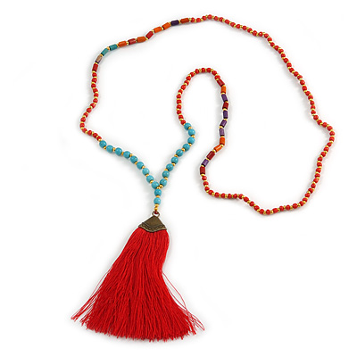 Ethnic Long Beaded Red Silk Tassel Necklace - 88cm Long/ 10cm Tassel