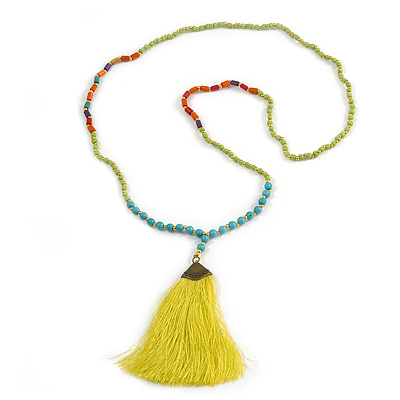 Ethnic Long Beaded Lime Green Silk Tassel Necklace - 88cm Long/ 10cm Tassel