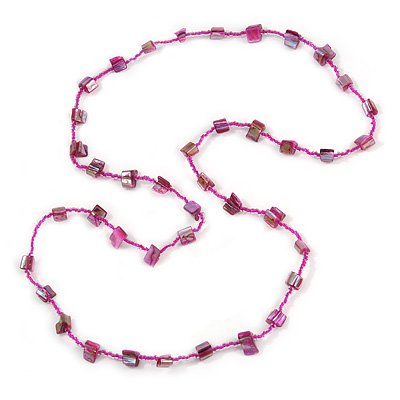 Classic Magenta Glass Bead, Sea Shell Nugget Long Necklace - 100cm Long