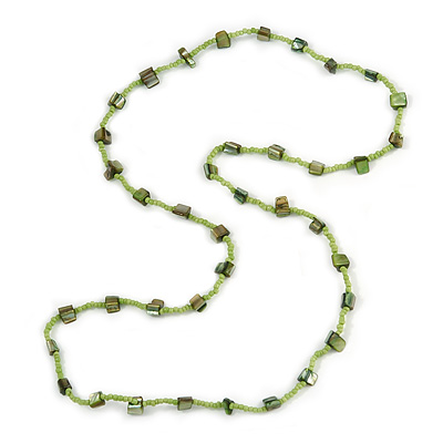 Classic Lime/ Green Glass Bead, Sea Shell Nugget Long Necklace - 100cm Long
