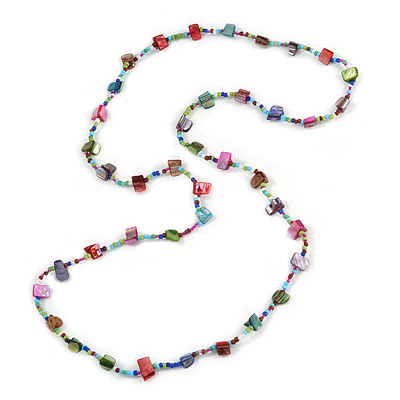 Classic Multicoloured Glass Bead, Sea Shell Nugget Long Necklace - 100cm Long