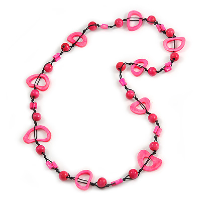 Neon Pink/ Deep Pink Round and Oval Wooden Bead Cotton Cord Necklace - 80cm Long