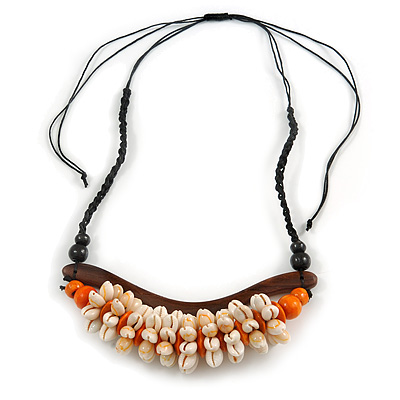 Statement Sea Shell, Orange/ Brown Wood Bead Black Cotton Cord Necklace - 42cm L (Min)/ Adjustable