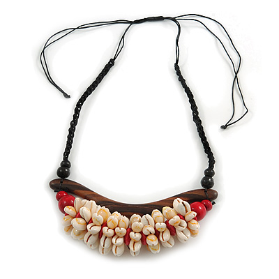 Statement Sea Shell, Wood Bead Cotton Cord Necklace - 42cm L (Min)/ Adjustable