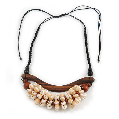 Statement Sea Shell, Brown Wood Bead Black Cotton Cord Necklace - 42cm L (Min)/ Adjustable