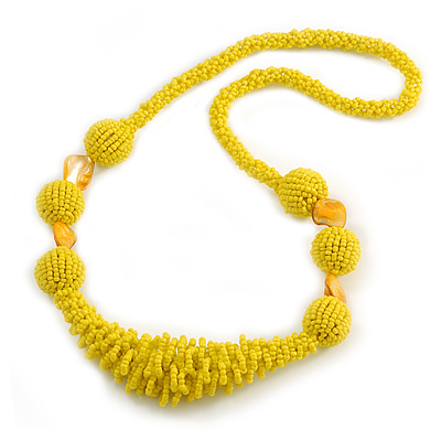 Chunky Yellow Glass and Shell Bead Necklace - 70cm L - main view