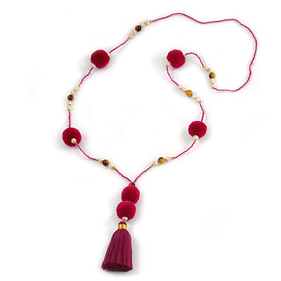 Fuchsia/ Purple Glass Bead, Pom Pom, Tassel Long Necklace - 88cm L/ 10cm Tassel