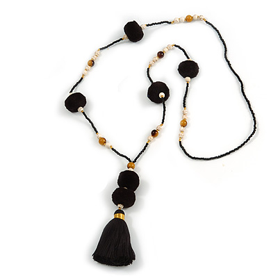 Black Glass Bead, Pom Pom, Tassel Long Necklace - 88cm L/ 10cm Tassel