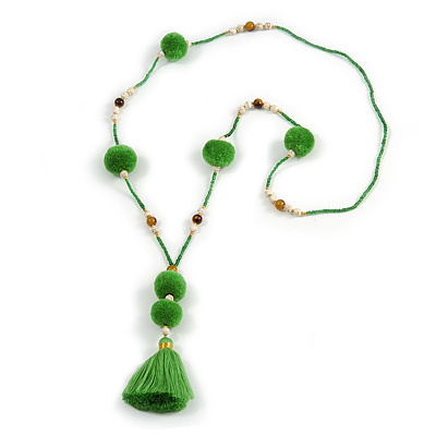 Spring Green Glass Bead, Pom Pom, Tassel Long Necklace - 88cm L/ 10cm Tassel