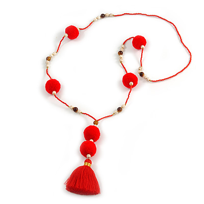 Scarlet Red Glass Bead, Pom Pom, Tassel Long Necklace - 88cm L/ 10cm Tassel