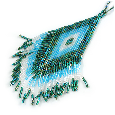 Green/ Light Blue/ Transparent Glass Bead Geometric Pattern Pendant with Long Cotton Cord - 80cm Long - main view