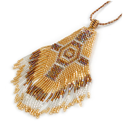 Bronze/ Gold/ Transparent Glass Bead Geometric Pattern Pendant with Long Cotton Cord - 80cm Long
