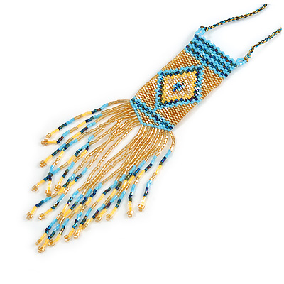Gold/ Blue Glass Bead Geometric Pattern Square Pendant with Long Cotton Cord - 80cm Long