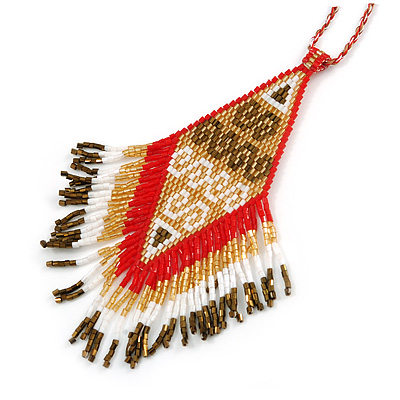 Red/ Brown/ Gold/ White Glass Bead Geometric Pattern Pendant with Long Cotton Cord - 80cm Long