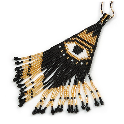 Black/ White/ Gold Glass Bead 'Third Eye' Pattern Pendant with Long Cotton Cord - 80cm Long