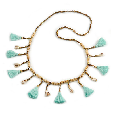 Long Natural Wood, Bronze Glass Bead with Mint Green Cotton Tassel Necklace - 100cm L - main view