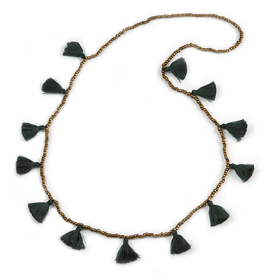 Boho Style Bronze Glass Bead with Dark Green Cotton Tassel Long Necklace - 96cm L