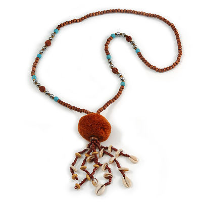 Brown Wood, Glass, Sea Shell, Tree Seed Bead with Pom Pom Tassel Long Necklace - 80cm L/ 16cm Tassel