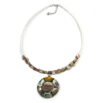 White Glass Bead Wire Necklace with Shell & Mother of Pearl Medallion In Silver Tone - 50cm L/ 5cm Ext