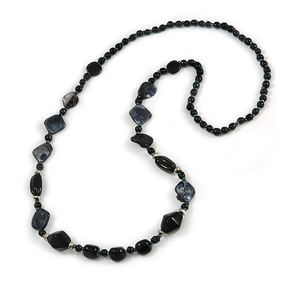 Statement Black Ceramic, Glass, Shell Beads Long Necklace - 106cm Long