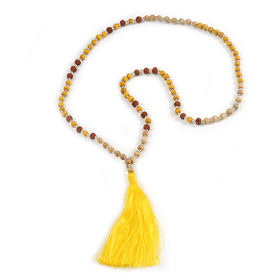 Long Wood, Glass, Seed Beaded Necklace with Silk Tassel (Nude, Yellow, Brown) - 80cm L/ 11cm Tassel