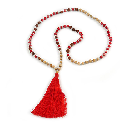 Long Wood, Glass, Seed Beaded Necklace with Silk Tassel (Nude, Red, Brown) - 80cm L/ 11cm Tassel