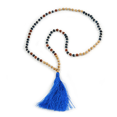 Long Wood, Glass, Seed Beaded Necklace with Silk Tassel (Nude, Blue, Brown) - 80cm L/ 11cm Tassel - main view