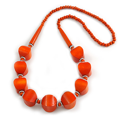 Chunky Wood Bead Necklace In Orange - 68cm L - main view