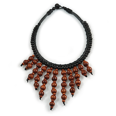 Statement Brown Wood Bead Fringe with Rubber Cord Necklace - 46cm L/ 11cm Front Drop - main view