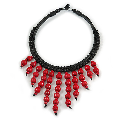 Statement Cherry Red Wood Bead Fringe with Rubber Cord Necklace - 46cm L/ 11cm Front Drop - main view