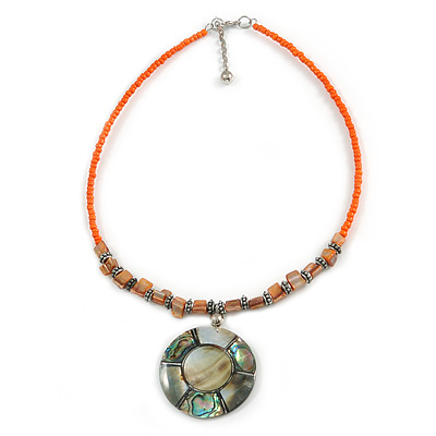 Orange Glass Bead Wire Necklace with Shell & Mother of Pearl Medallion In Silver Tone - 50cm L/ 5cm Ext