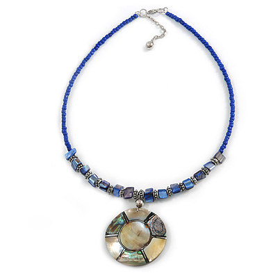 Royal Blue Glass Bead Wire Necklace with Shell & Mother of Pearl Medallion In Silver Tone - 50cm L/ 5cm Ext