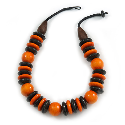 Statement Orange/ Black Round and Button Wood Bead Necklace - 56cm L