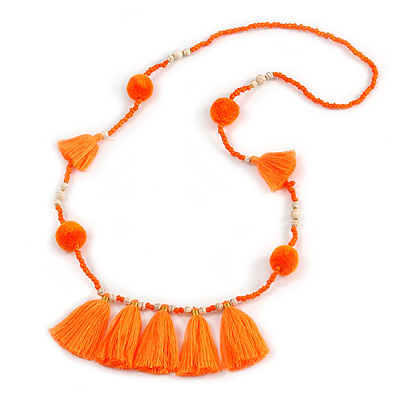 Boho Style Glass Beaded Pom Pom, Tassel Long Necklace In Bright Orange - 90cm L