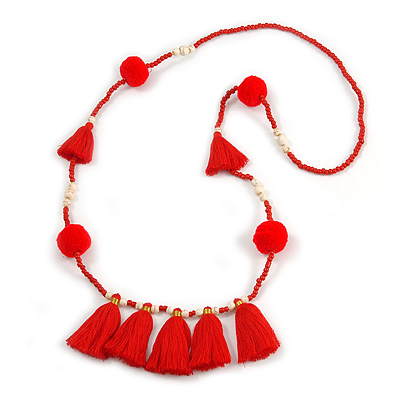 Boho Style Glass Beaded Pom Pom, Tassel Long Necklace In Red - 90cm L